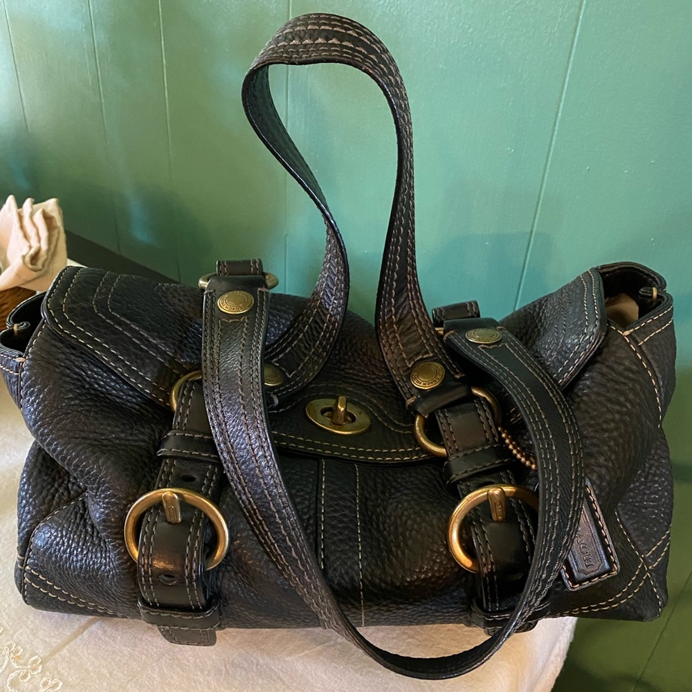 Coach Chelsea Black Pebbled Leather Satchel Turn Lock Purse 10953